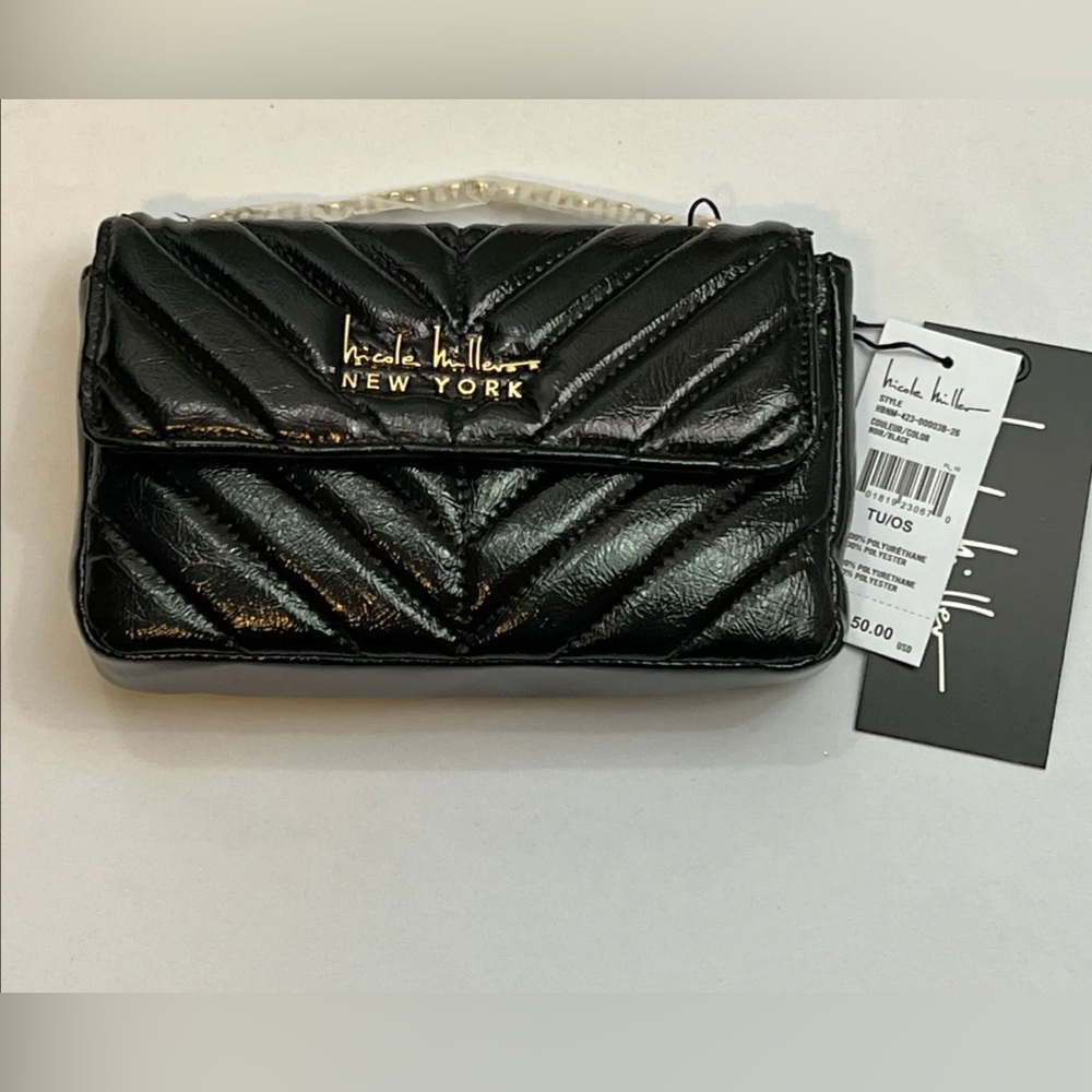 NWT Nicole Miller New York Black Quilted Crossbody with gold Chain